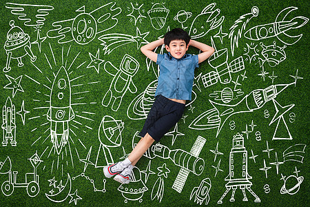 科学家插画可爱的小男孩躺在草地上背景