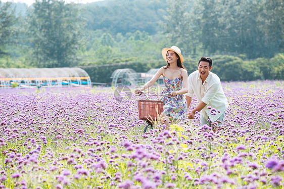 青年夫妇在花海里骑车图片