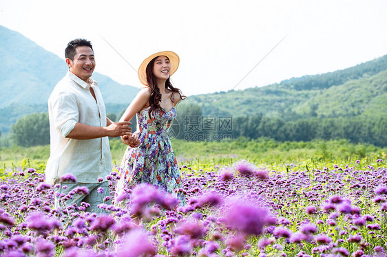 青年夫妇手牵手走在花海里图片