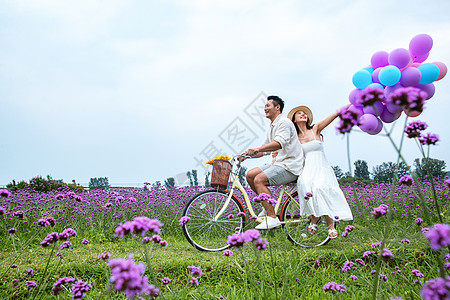 浪漫夫妇在花海里骑车图片