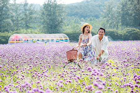 青年夫妇在花海里骑车图片