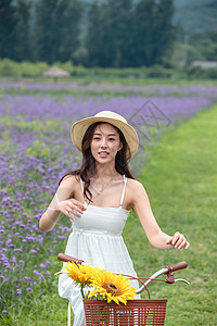 青年女人在花海里骑自行车图片