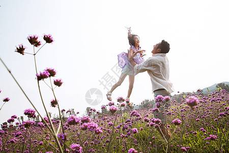 父女站在花丛里父亲抱着女儿在花丛中玩耍背景