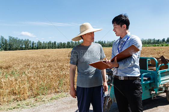 科研人员和农民在麦田旁交流图片