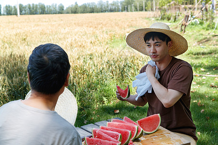 农民在田地旁休息吃西瓜图片