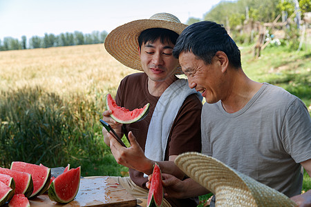 农民在田地旁休息吃西瓜图片