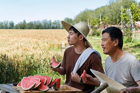 农民在田地旁休息吃西瓜图片