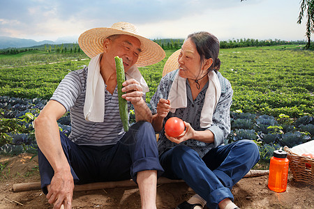 农民夫妇坐在农田里吃东西图片