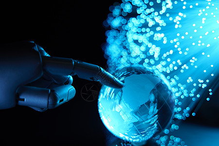 蓝色科技光纤背景蓝色光纤背景机械手指地球背景