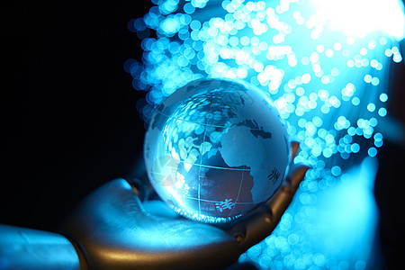 全球互联网蓝色光纤背景机械手托着地球背景