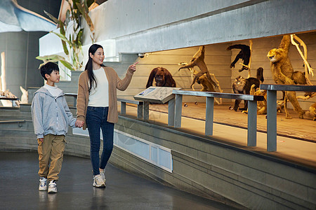 母亲和儿子走在博物馆图片