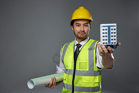 家装3D模型带安全帽的工人展示建筑模型背景