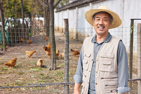 给鸡喂食养鸡场微笑的农民背景