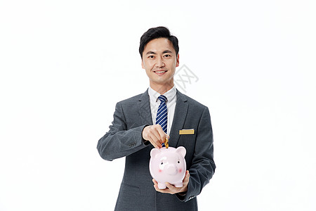 粉色新年猪形象理财顾问资金安全手拿储蓄罐形象背景