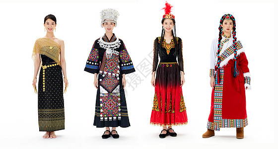 傣族服饰穿着不同民族服饰的少女背景