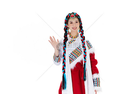 藏族服饰女性挥手打招呼图片