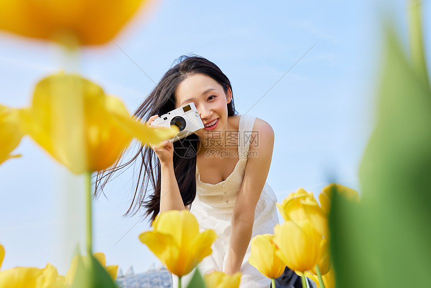 郁金香前景手拿照相机的美女图片