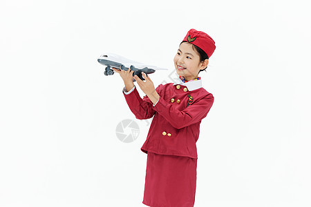 小小空姐手拿飞机模型图片