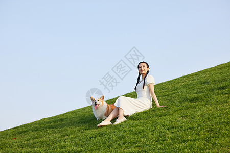 柯基和青年女性在草地上晒太阳图片