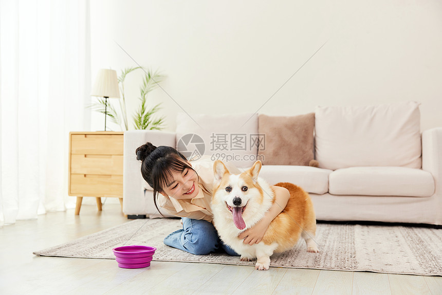 居家女性给宠物犬喂水喝图片