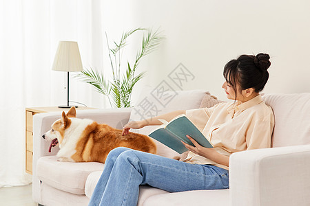 客厅里看书的青年女性和狗狗柯基图片