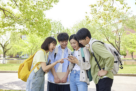 校园里的大学生一起看手机讨论图片