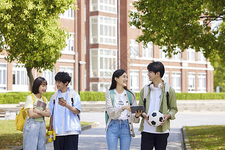 文化交流年轻大学生走在校园中背景
