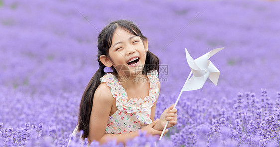 薰衣草花田里手拿风车的女孩图片