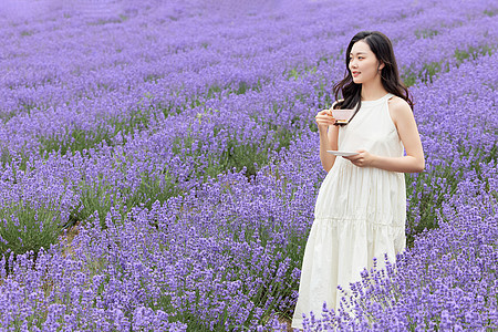 薰衣草花园里享受咖啡的美女图片