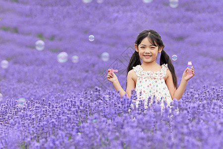 小女孩在薰衣草花田里吹泡泡图片
