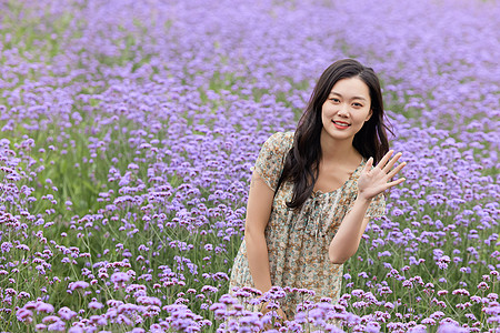 碎花背景马鞭草花丛中的美女打招呼背景