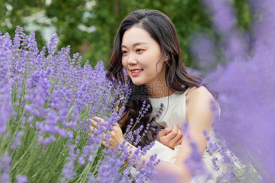 女生近距离观察植物薰衣草图片