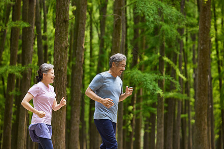 树林里老夫妻慢跑锻炼背景图片