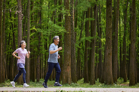 树林里老人们慢跑锻炼图片