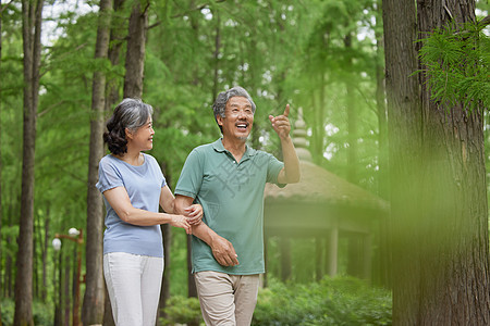 亭子前散步的老夫妻图片