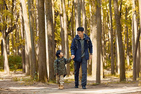 父亲树林中牵着儿子前进高清图片