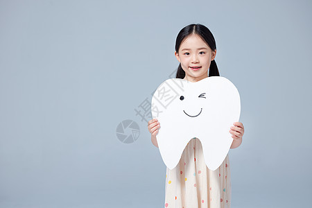 小女孩手举牙齿模型背景图片