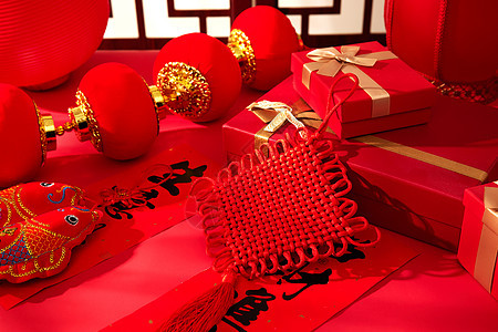 春节红色中国结与小灯笼图片