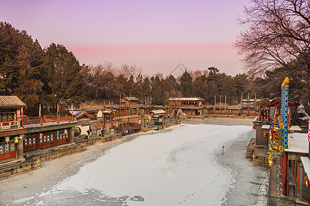 大雪冬季夕阳下的北京颐和园背景