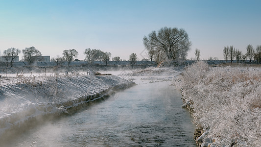 内蒙古冬季冰雪河流树木景观背景图片