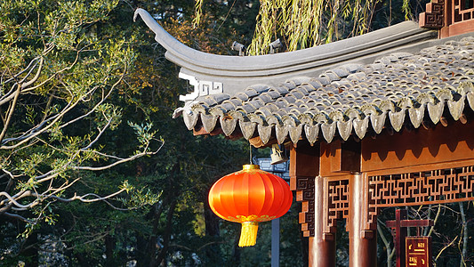 元宵节舞狮子新年元旦古建筑和灯笼背景