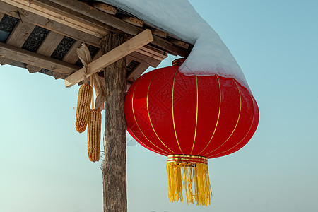 冬季农家乐乡村冰雪红灯笼图片