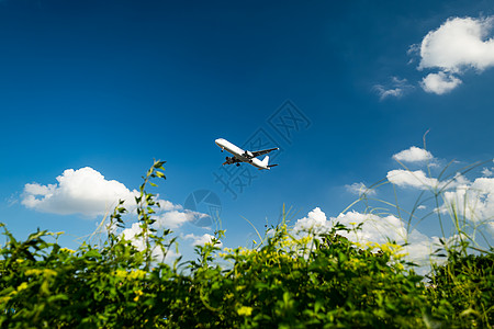 航空飞机蓝天白云下的民航客机背景