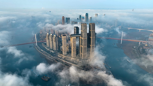 重庆来福士平流雾航拍背景图片