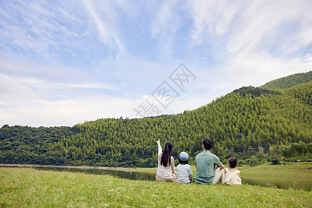 四口之家一家四口坐在草地上的背影背景