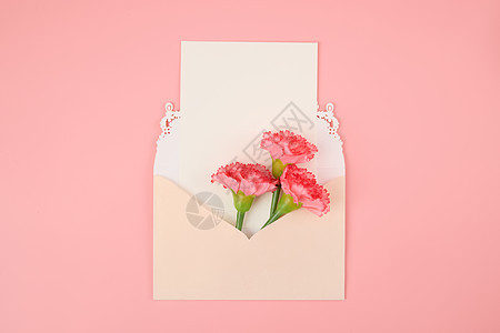 插着粉色康乃馨的简约信封背景图片