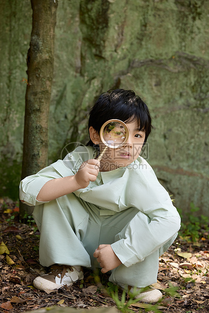 小男孩在植物园拿着放大镜观察植物图片