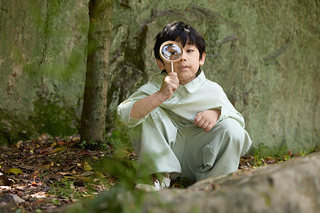 小男孩在植物园拿着放大镜观察植物图片