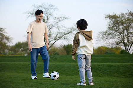 在草坪上玩足球游戏的父子俩图片