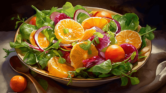 一副油画风格的水果沙拉图片